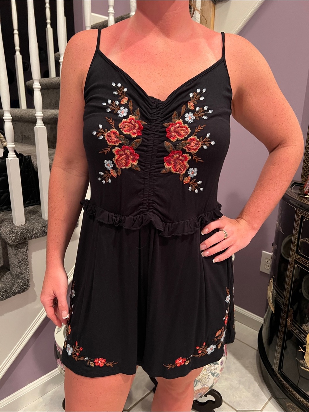 Black Floral Embroidered Spaghetti Strap Romper